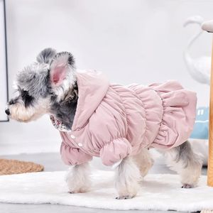 Menina inverno francês bulldog terrier cão fantasia vestido rosa azul creme jaqueta com capuz com pele quente pet terno vestuário saia gatos bens 240228