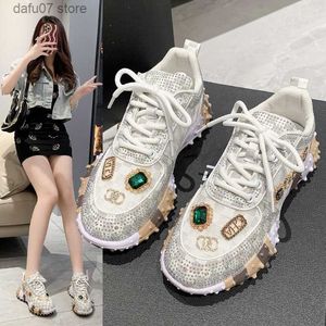 Dress Shoes Casual Shoes 2023 Summer Heavy Industry Full Diamond Colored Green Cream White Dad High Collar Thick Sole Elevated LetterH240313