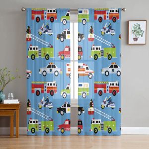 Curtains Cartoon Fire Truck Ambulance Police Car Tulle Curtains for Living Room Decoration Chiffon Sheer Voile Kitchen Bedroom Curtain