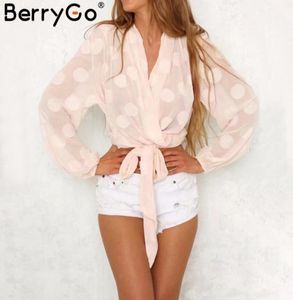 Berrygo v Neck Polka Dot Chiffon Blouse Women Sash Casuare 30 Rengeve Blouse 2018 Elastic Summer TransparentSexy8823928