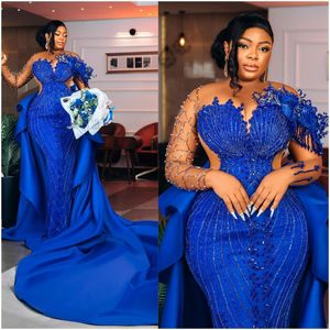 2024 African Plus Size Prom Dresses for Black Women With Detachable Train Evening Gowns Elegant Mermaid Beaded Birthday Party Dress Second Reception Gown AM515