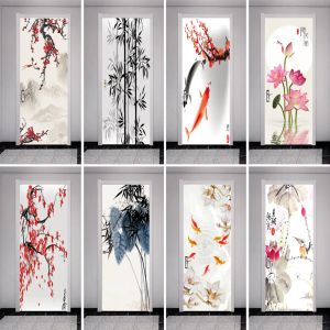 Adesivos arte moderna flores vintage 3d porta adesivo casca e vara vinil fundo branco bambu carpa portas mural decalques para decoração de casa