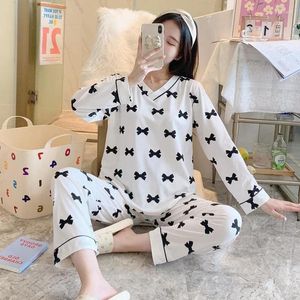 Women's Sleepwear White Printed Women Pajamas Set Soft Cotton 2PCS Sexy V-neck Shirt&Pants Femme Pijamas Suit Casual Loungewear