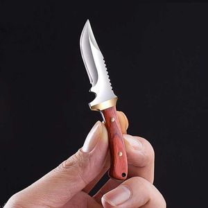 Camping Hunting Knives Keychain Pocket Knife Wooden Handle Small Mini Knives Portable EDC Fixed Blade Leather Cover Cutter Outdoor Surivival Tools Gift 240312