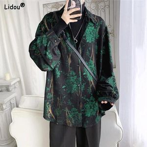 Camisas casuais masculinas moda coreano solto com decote em v impressão temperamento primavera outono botão bonito manga longa homem roupas 2024