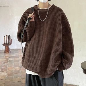 Męskie swetry Waffle Sweater okrągły szyję Solidny kolor luźny mężczyzna dzianin pullover moda koreański styl męski odzież zimowa
