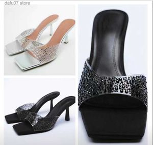 Slippers 2023 Oversized High Heel for Womens Summer New Solid Color Square Headed Water Diamond SlimH240313