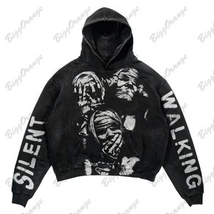 Black High Street Cotton Gothic Matta Mummy Print Sweater Casual Hoodie Ins Mens and Womens Top Coat Y2K Sweatshirt 240227