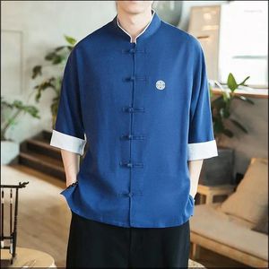 Etniska kläder 2024 kinesisk stil mens toppar tang kostym linne långärmad solid traditionell porslin hanfu skjorta plus storlek 4xl 5xl