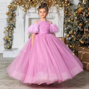 Vestidos de menina Jill Wish Luxo Árabe Vestido Rosa Beadding Penas Dubai Bebê Crianças Princesa Feriado Aniversário Vestido de Festa de Casamento 2024 J364