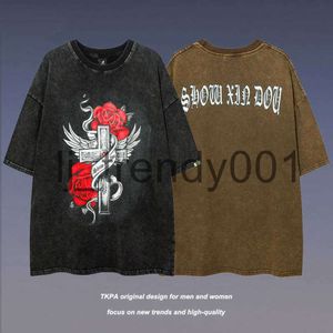 Mens T-shirts TKPA high street gothic vintage rose wash made old short sleeve T-shirt men and women hip-hop trend Y2K