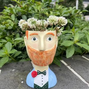 Homem barbudo cerâmica vaso de flores engraçado retrato vaso senhora artesanato cabeça vaso artesanal mulher rosto plantador arranjo flor 240311