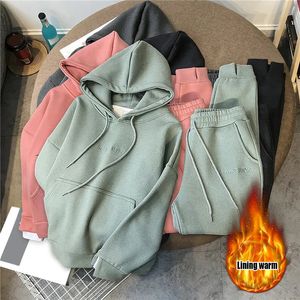 Womens sweatshirts calças define sólido gota ombro coreano feminino com capuz pullovers engrossar quente oversized hoodies feminino 240309