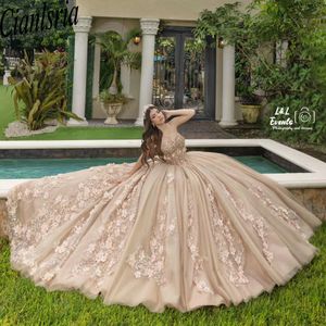 Champagne från axeln 3D Flowers Ball -klänning Quinceanera Dresses Crystal Beading Applices Lace Corset Vestido de 15 Anos