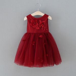 Girls Dress Baby Girl 3D Floral Dresses Princess Lace Tutu Dress 2024 New Kids Birthday Party Wear Pink Burgundy Color Knee-Length Dresses for Girl