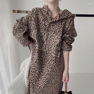 Casual Dresses 2024 Spring Autumn Plus Size 4XL Hooded Dress Women Retro Letter Tryckt Leopard Print Loose Tops Hoodie Mid-Long Vestidos