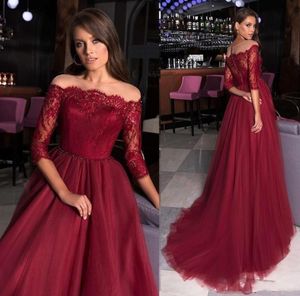 Robe soiree 2020 borgonha três quartos mangas compridas vestidos de noite longos vestidos de baile elegante renda tule formal festa dress6962666