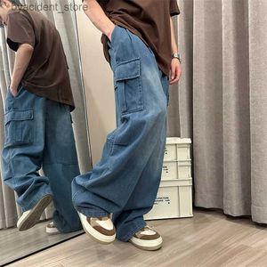 Men's Jeans Men Jeans Loose Straight Wide Leg Denim Pants Mens Hip Hop Streetwear Skateboard Neutral denim Trousers Mopping Cargo jeans L240313