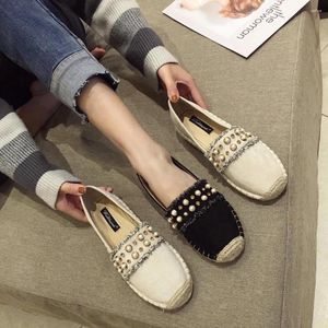 Casual Shoes Pearl Beads Espadrilles Women Round Toe Flats Straw Glitter Tassel Creepers Woman Soft Flock Slip On Crystal Loafers 294