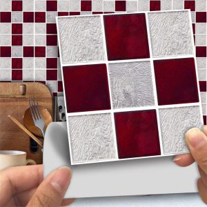 Adesivos 25 tamanhos vermelho cinza mosaico banheiro azulejo adesivo decoração de cozinha decalque autoadesivo à prova d'água arte papel de parede decoração de parede mural