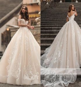 2020 Великолепное кружевное свадебное платье принцессы цвета шампанского, бальное платье с открытыми плечами на молнии сзади, драпированное королевским шлейфом, пляжный сад Weddi1836691
