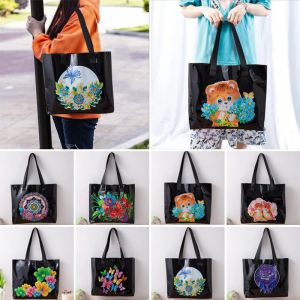 Dikiş diy 5d elmas boyama el çantası karikatür hayvan çiçekleri elmas sanatı mozaik alışveriş çantası ekof -dostu depolama torbası hediyesi kızlar için