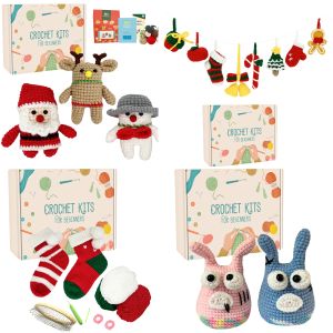 Stickning Jul Santa Claus Snowmen Rabbits virkningssats för nybörjare Case Crochet Set Diy Gift To Starters Adult Kids Diy Knit Tool