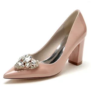 Dress Shoes Women Work Pumps Thick Heel Pointed Rhinestone Diamond Buckle Lacquer Leather Style Simple Versatile Daily Pink Quality