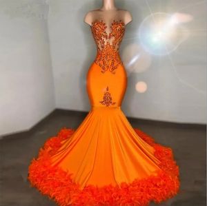 Orange Feathers mermaid Prom Dresses 2024 Crystal Beading gillter African Girls sheer o-neck Party Gowns Long aso ebi Evening Dress