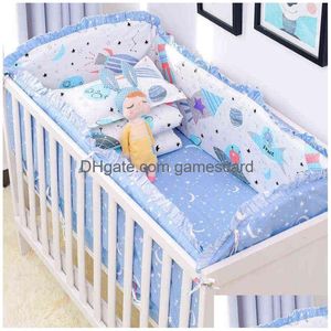 Sängskenor 6st/set Blue Universe Design Crib Sängkläder Set Cotton Toddler Baby Bed Linens Inkluderar barnsäng Stötfångstångskudde AA220326 DH8FN