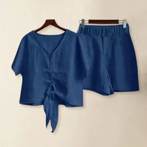 Tute da donna Pantaloncini corti estivi Set camicia con scollo a V con dettaglio nodo allacciato per donna donna traspirante