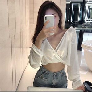 Sexy backless V-Neck long sleeve T-shirt loose open navel short solid color top womens S1108 (short double v-shirt)