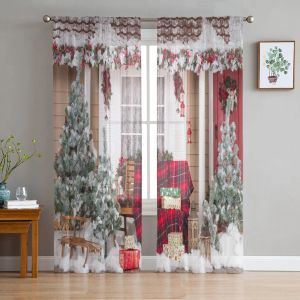 Curtains Christmas Tree House Sheer Curtains Living Room Window Tulle Curtains For Bedroom Kitchen Home Decoration Voile Drapes