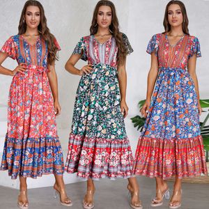 Feminino 2024 verão novo decote em v manga babado estampa floral vestido longo