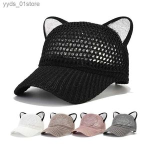 Top kapakları yaz sevimli kedi kulağı nefes alabilen güneş koruyucu örgü beyzbol cs kadın ayarlanabilir snback gorras hip hop kemik casquette şapkalar l240314