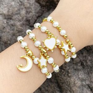 Charme pulseiras nicho pérola cobre contas mão corda ins moda luz estrela lua amor pingente pulseira corda elástica sem fivela