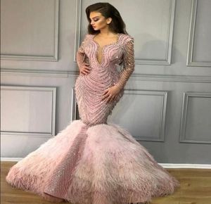 Luxury Mermaid Yousef Aijasmi aftonklänningar långärmad v halspärlor kristaller fjäder dubai arabiska prom klänningar caftan abendklei1373531