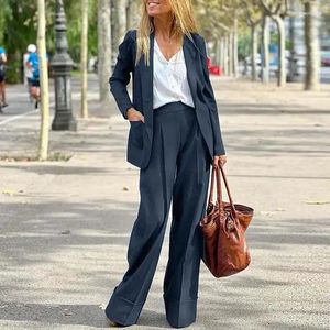 Dwuczęściowe spodnie damskie kobiety moda proste stroje biurowe eleganckie lapowe kołnierz kardigan szerokopasmowe garnitury spodni