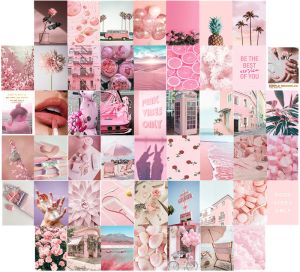 Stickers 50Pcs Sweet Pink Theme Aesthetic Picture Wall Collage Print Kits Sea Rose Desert Photo Decor for Girl Dormitory Art Wall Posters