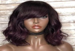 Peruano completo rendas cabelo humano ombre uva roxo onda do corpo perucas dianteiras do laço com franja ondulado 360 peruca de franja frontal para women2168435