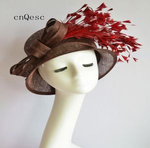 2019 Vino marrone Cappello da cerimonia formale da donna Cappello da fascinator sinamay Cappello da chiesa per addio al nubilato da sposa madre della sposa wfeathers6023654