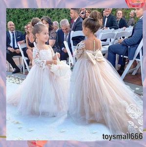 Princess Ball Gown Lace Tulle Christening dresses Sheer Long Sleeve Appliques Bow Back Flower Girl Dress Formal Kids Occasion Wear2969090