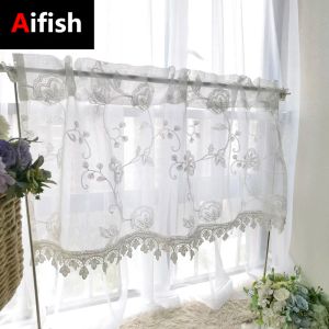 Curtains 1 Piece White Pastoral Short Tulle Curtains For Kitchen Living Room Bedroom Window Drapes Floral Embroidery Tulle Half Curtains