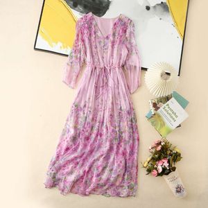 2024 Spring Summer Floral Print Belted Buttons Silk Dress Pink 3/4 Sleeve V-Neck Single-Breasted Casual Dresses W4M1317