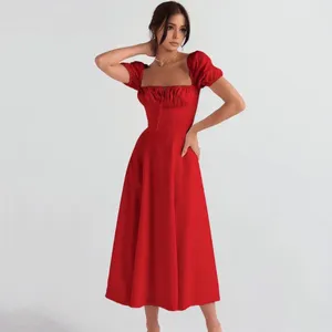 Casual Dresses Summer Midi Dress Elegant Square Neck With Tiered Ruffles Lace-up Strap Detail Women's A-line Pleated For Slim