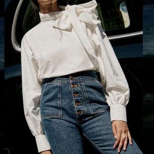 Spring Tie Bow Standing Neck Loose Commuter Pullover Top Women's SEZANE Lantern Long Sleeved White Shirt