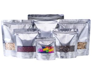 100st Stand Up Prossed Silver Aluminium Foil Window Zip Lock Bag Återställbar synlig Display Food Snack Coffee Meat Torkade frukter 6964030