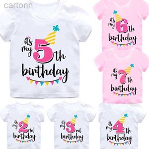 T-shirts Girl Birthday Cartoon T Shirt for Girls Tshirt number 2 3 4 5 6 7 8 Graphic Kids Clothes Boys Letter Print Summer Short Sleeved ldd240314