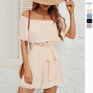 Women's Summer New One Line Neck Sexy Pressed Pleated 54 Sleeve Jumpsuit for Women