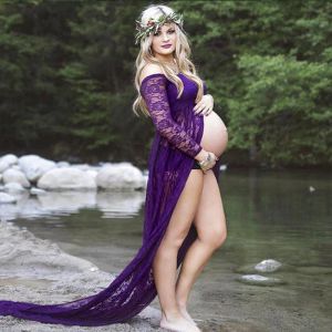 Klänningar Moderskap axelfri spetsfotograferingsrekord klänningar för gravida kvinnor graviditetskläder moderskapsklänningar för fotografering